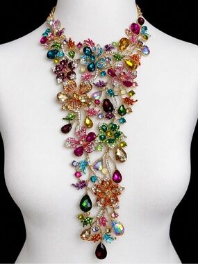 Waterfall Bib Rhinestone Gold Tone Runway Statement Floral Necklace